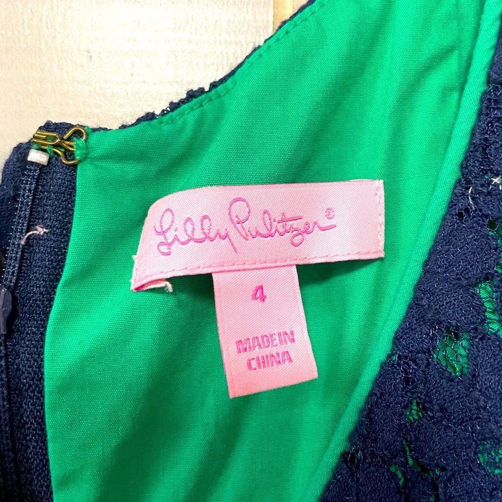Lilly Pulitzer Navy Blue Lace and Green 3/4 Sleeve Dress Sz 4 - Picture 6 of 6